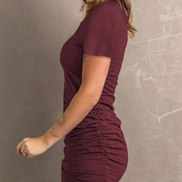 Burgundy Casual Womens Solid Ruched Tulip Hem Dress - Picture 4 of 4